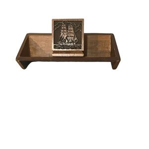 Vintage Lasercraft Walnut Wood Engraved Tall Ships Paper clip/Pen Holder Tray